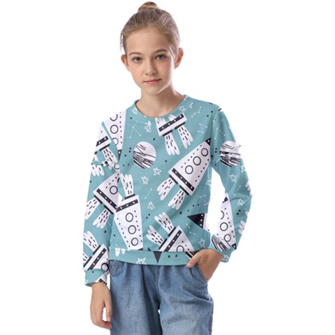 Cute-seamless-pattern-with-rocket-planets-stars Kids  Long Sleeve Tee With Frill  by uniart180623