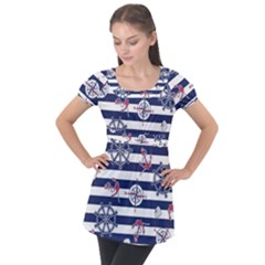 Seamless-marine-pattern Puff Sleeve Tunic Top by uniart180623