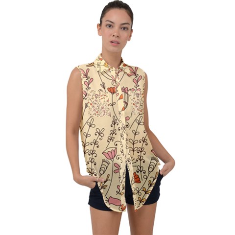 Seamless-pattern-with-different-flowers Sleeveless Chiffon Button Shirt by uniart180623