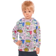 Seamless-pattern-with-many-funny-cute-superhero-dinosaurs-t-rex-mask-cloak-with-comics-style-inscrip Kids  Hooded Pullover by uniart180623