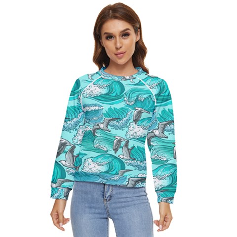 Sea-waves-seamless-pattern Women s Long Sleeve Raglan Tee by uniart180623