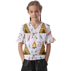 Cute-cartoon-native-american-seamless-pattern Kids  V-neck Horn Sleeve Blouse by uniart180623