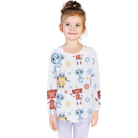 Cute-cartoon-robots-seamless-pattern Kids  Long Sleeve Tee by uniart180623