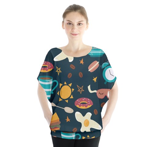 Seamless-pattern-with-breakfast-symbols-morning-coffee Batwing Chiffon Blouse by uniart180623