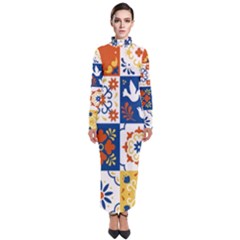 Mexican-talavera-pattern-ceramic-tiles-with-flower-leaves-bird-ornaments-traditional-majolica-style- Turtleneck Maxi Dress by uniart180623