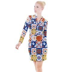 Mexican-talavera-pattern-ceramic-tiles-with-flower-leaves-bird-ornaments-traditional-majolica-style- Button Long Sleeve Dress by uniart180623