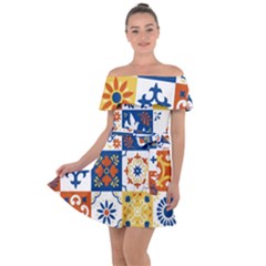 Mexican-talavera-pattern-ceramic-tiles-with-flower-leaves-bird-ornaments-traditional-majolica-style- Off Shoulder Velour Dress by uniart180623