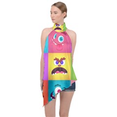 Monsters-emotions-scary-faces-masks-with-mouth-eyes-aliens-monsters-emoticon-set Halter Asymmetric Satin Top by uniart180623