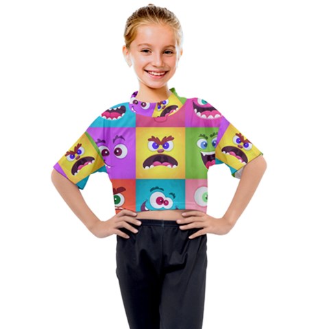 Monsters-emotions-scary-faces-masks-with-mouth-eyes-aliens-monsters-emoticon-set Kids Mock Neck Tee by uniart180623