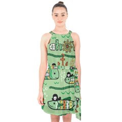 Seamless Pattern Fishes Pirates Cartoon Halter Collar Waist Tie Chiffon Dress by uniart180623