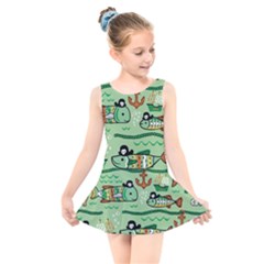 Seamless Pattern Fishes Pirates Cartoon Kids  Skater Dress Swimsuit by uniart180623