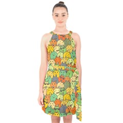 Seamless Pattern With Doodle Bunny Halter Collar Waist Tie Chiffon Dress by uniart180623