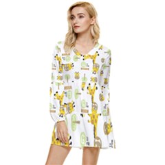 Vector-pattern-with-cute-giraffe-cartoon Tiered Long Sleeve Mini Dress by uniart180623