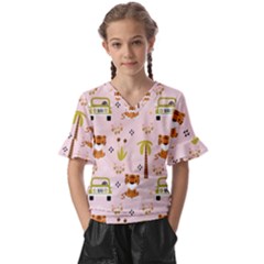 Cute-tiger-car-safari-seamless-pattern Kids  V-neck Horn Sleeve Blouse by uniart180623