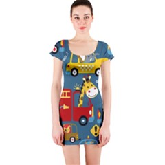 Seamless-pattern-vehicles-cartoon-with-funny-drivers Short Sleeve Bodycon Dress by uniart180623