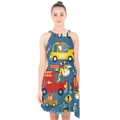 Seamless-pattern-vehicles-cartoon-with-funny-drivers Halter Collar Waist Tie Chiffon Dress by uniart180623