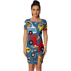 Seamless-pattern-vehicles-cartoon-with-funny-drivers Fitted Knot Split End Bodycon Dress by uniart180623