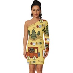 Seamless-pattern-funny-ranger-cartoon Long Sleeve One Shoulder Mini Dress by uniart180623