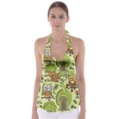 Seamless-pattern-with-trees-owls Babydoll Tankini Top by uniart180623