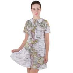 Vintage Map Of The Americas Short Sleeve Shoulder Cut Out Dress  by uniart180623