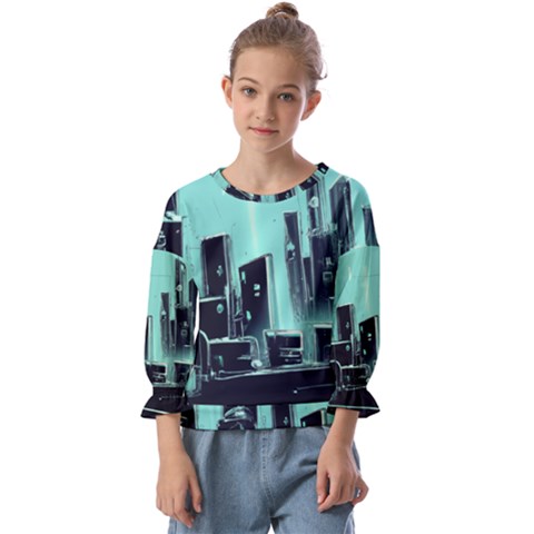 Buildings City Urban Destruction Background Kids  Cuff Sleeve Top by uniart180623