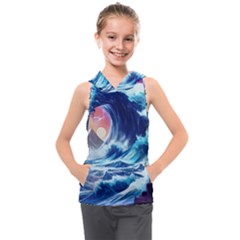 Storm Tsunami Waves Ocean Sea Nautical Nature Kids  Sleeveless Hoodie by uniart180623
