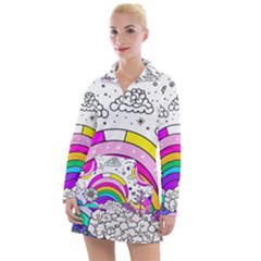 Rainbow Fun Cute Minimal Doodle Drawing Art Women s Long Sleeve Casual Dress by uniart180623