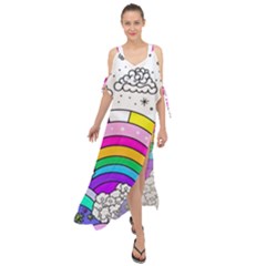 Rainbow Fun Cute Minimal Doodle Drawing Art Maxi Chiffon Cover Up Dress by uniart180623