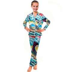 Waves Ocean Sea Tsunami Nautical Arts Kids  Satin Long Sleeve Pajamas Set by uniart180623