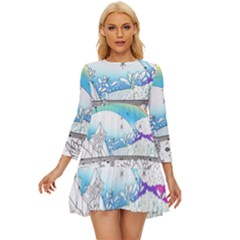 Rainbow Fun Cute Minimal Doodle Drawing Arts Long Sleeve Babydoll Dress by uniart180623