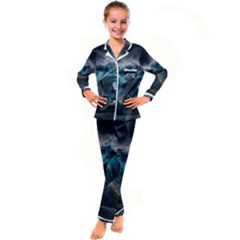 Tsunami Waves Ocean Sea Water Rough Seas Kids  Satin Long Sleeve Pajamas Set by uniart180623