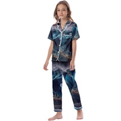 Tsunami Waves Ocean Sea Water Rough Seas Kids  Satin Short Sleeve Pajamas Set by uniart180623