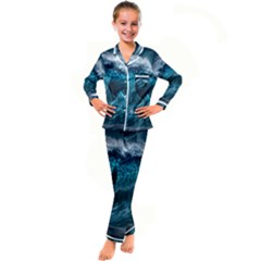 Tsunami Waves Ocean Sea Water Rough Seas Kids  Satin Long Sleeve Pajamas Set by uniart180623