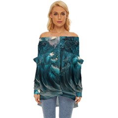 Tsunami Waves Ocean Sea Water Rough Seas Off Shoulder Chiffon Pocket Shirt by uniart180623