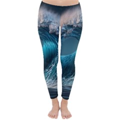 Tsunami Waves Ocean Sea Water Rough Seas Classic Winter Leggings by uniart180623