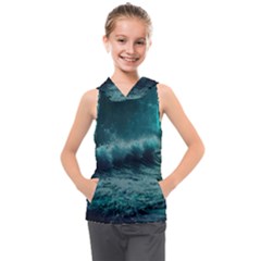 Waves Ocean Sea Tsunami Nautical Blue Sea Art Kids  Sleeveless Hoodie by uniart180623