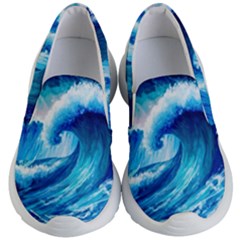 Tsunami Tidal Wave Ocean Waves Sea Nature Water Blue Painting Kids Lightweight Slip Ons by uniart180623