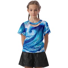 Tsunami Tidal Wave Ocean Waves Sea Nature Water Blue Painting Kids  Front Cut Tee by uniart180623