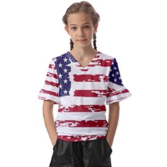 Flag Usa Unite Stated America Kids  V-neck Horn Sleeve Blouse by uniart180623