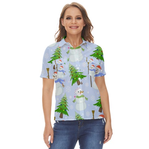 New Year Christmas Snowman Pattern, Women s Short Sleeve Double Pocket Shirt by uniart180623