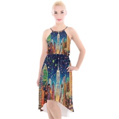 New York Confetti City Usa High-low Halter Chiffon Dress  by uniart180623