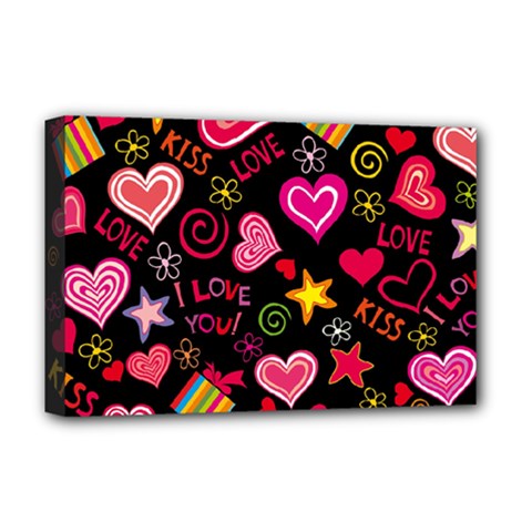 Multicolored Love Hearts Kiss Romantic Pattern Deluxe Canvas 18  X 12  (stretched) by uniart180623