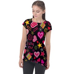 Multicolored Love Hearts Kiss Romantic Pattern Cap Sleeve High Low Top by uniart180623