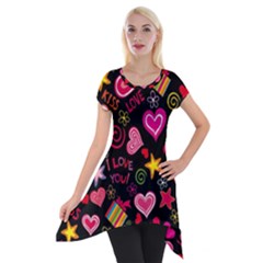 Multicolored Love Hearts Kiss Romantic Pattern Short Sleeve Side Drop Tunic by uniart180623