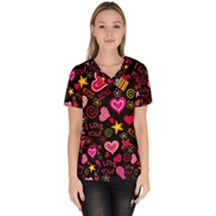 Multicolored Love Hearts Kiss Romantic Pattern Women s V-neck Scrub Top by uniart180623