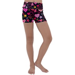 Multicolored Love Hearts Kiss Romantic Pattern Kids  Lightweight Velour Yoga Shorts by uniart180623