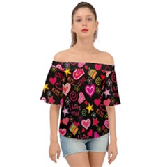 Multicolored Love Hearts Kiss Romantic Pattern Off Shoulder Short Sleeve Top by uniart180623