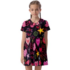 Multicolored Love Hearts Kiss Romantic Pattern Kids  Asymmetric Collar Dress by uniart180623