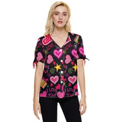 Multicolored Love Hearts Kiss Romantic Pattern Bow Sleeve Button Up Top by uniart180623