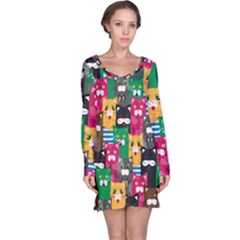 Cat Funny Colorful Pattern Long Sleeve Nightdress by uniart180623